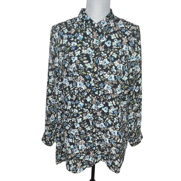 J JILL M Tunic Top Black Blue Floral Print Layered Collared Button Up EUC! - Picture 1 of 11